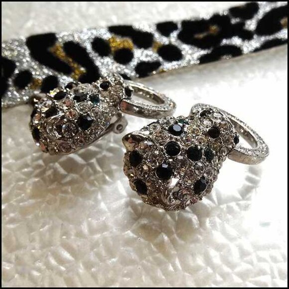 1980s Signed KJL Earrings Crystal Panthers Door Knocker Hoops  16132 - Picture 4 of 7